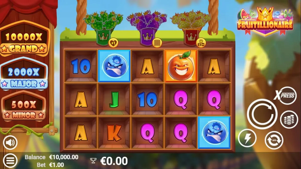 Visual vibrante e colorido do jogo de slot Fruitillionaire com frutas antropomórficas