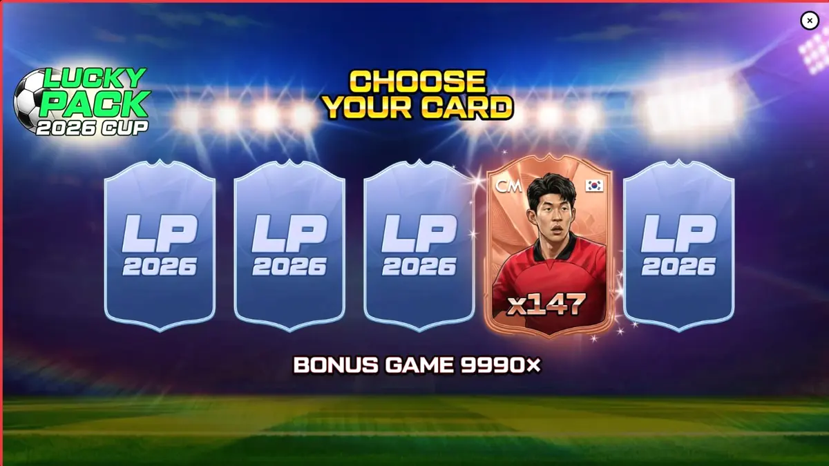 Interface do jogo Lucky Pack 2026 Cup com temática de futebol e estádio