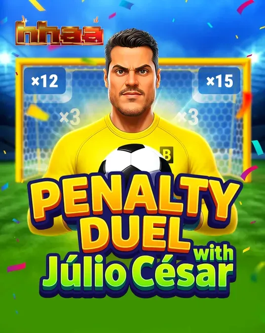 Interface do jogo Penalty Duel com Júlio César no estádio